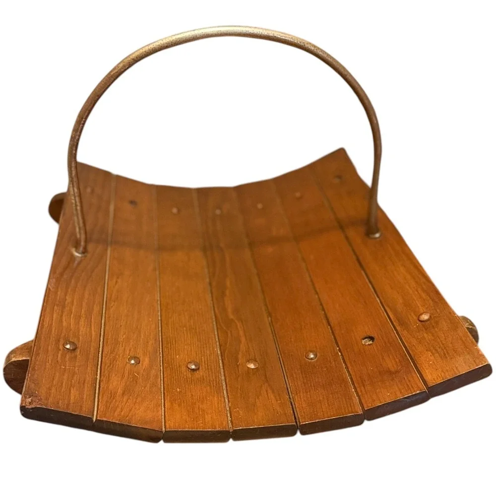 Vintage Curved Wood Magazine Rack Brass Handle Mid Century Modern